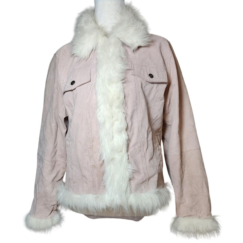 Platinum Womens Leather Jacket Blush Pink White Faux Fur Trim Suede Y2K Large